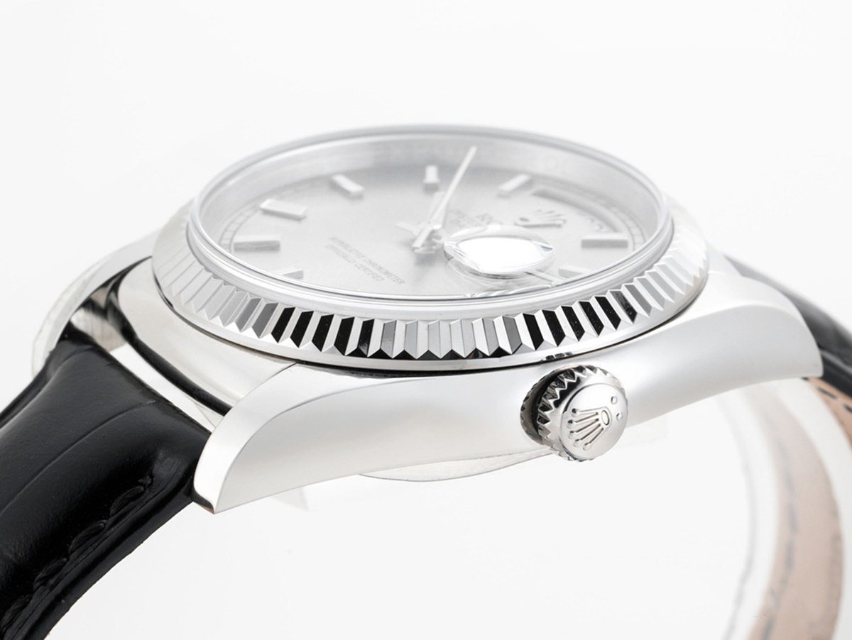 Day-Date 40 Silver Dial in White Gold on Leather Strap